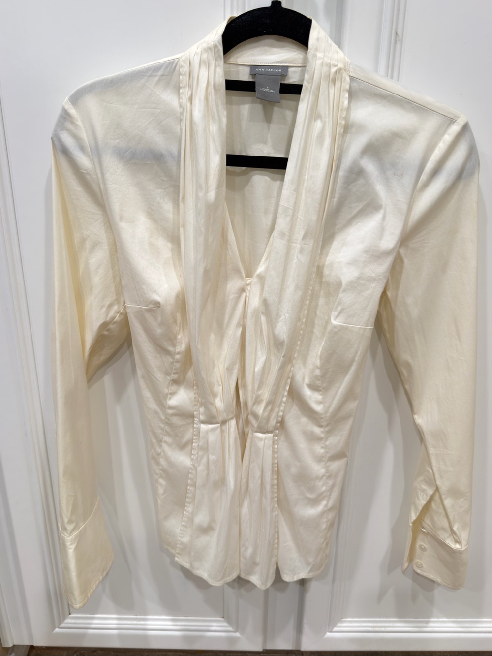 Ann Taylor Cream Satin-Blend Tie Front Button Down Shirt